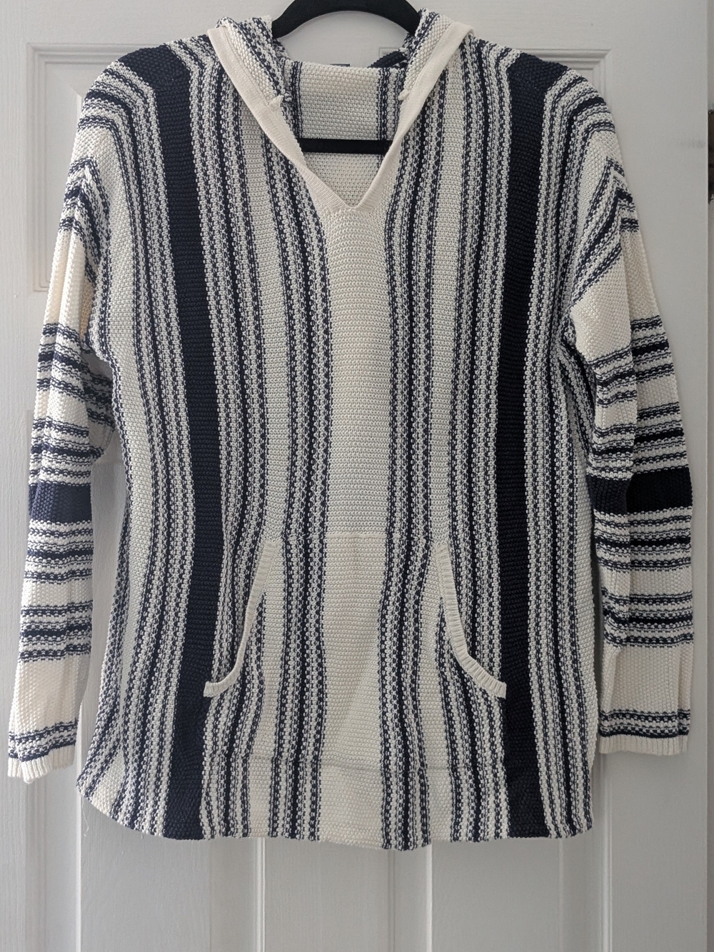 Chaps Navy & Cream Striped V-Neck Hoodie Sweater